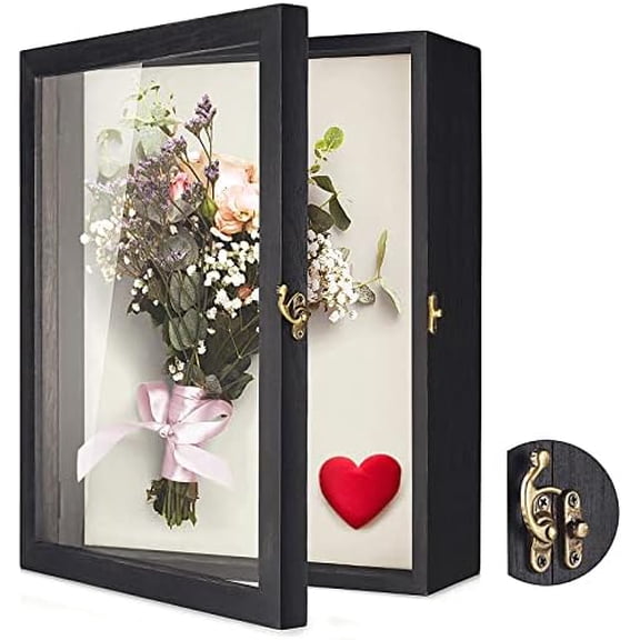 Flowers Shadow Box Display Case 11 x 14 Large Shadowbox Frame with Glass Window Door Wedding Bouquet Medals Photos Memory Box for Keepsakes - Rustic Black