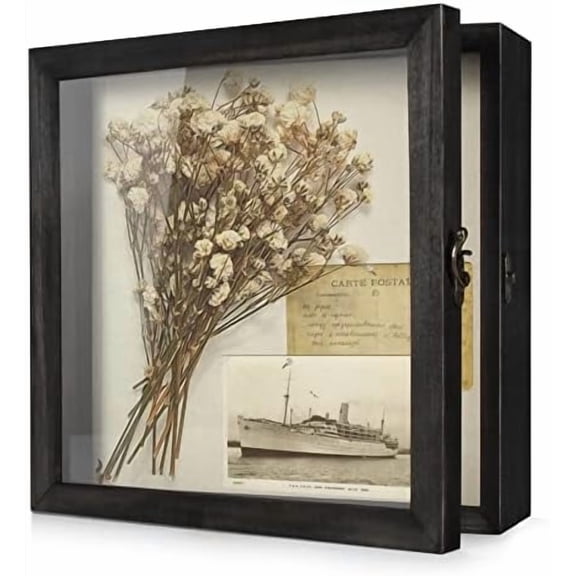 Flowers Shadow Box Display Case Large Shadow Box Frame with Glass Window Door Picture Frame Wedding Bouquet Memorabilia Medals Photos Memory Box for Keepsakes - (Rustic Black, 11 x 11 )