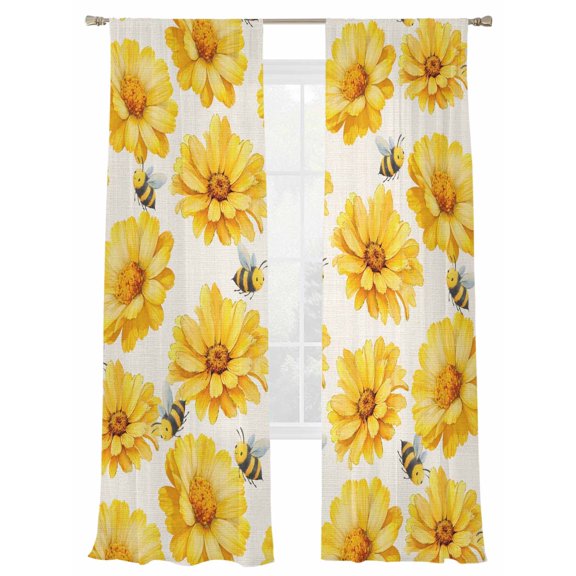 Flowers Sheer Curtains 2 Panels Set Spring Gold Daisy Floral Bee Linen Texture Sheer Window Curtains Light Filtering Rod Pocket Voile Drapes for Bedroom Living Room 52"X96"
