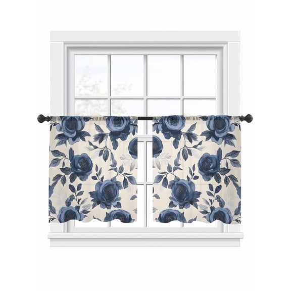 Flowers Sheer Curtains 2 Panels Set Vintage Blue Roses Leaves Watercolor Nostalgia Beige Bottom Sheer Window Curtains Light Filtering Rod Pocket Voile Drapes for Bedroom Living Room 52"x45"