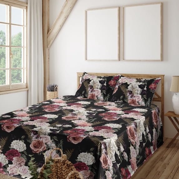 Ambesonne Flowers Fitted & Flat Sheet with Shams 4 Pcs Set, Blossoming Roses Romantic, King, Black Multicolor