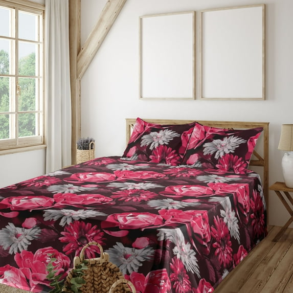 Ambesonne Flowers Fitted & Flat Sheet with Shams 4 Pcs Set, Gerbera Roses Composition, Calking, Pink Dark Maroon and Grey