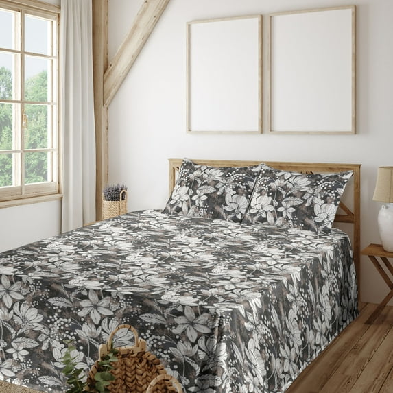 Ambesonne Flowers Fitted & Flat Sheet with Shams 4 Pcs Set, Mimosa Frangipani Print, Queen, Warm Taupe Dimgray