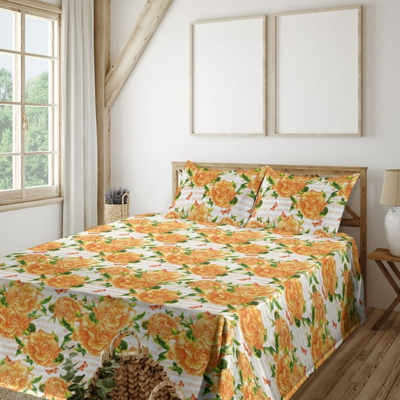 Ambesonne Flowers Fitted & Flat Sheet with Shams 4 Pcs Set, Music with Floral Boho Art, Queen, Marigold Fern Green