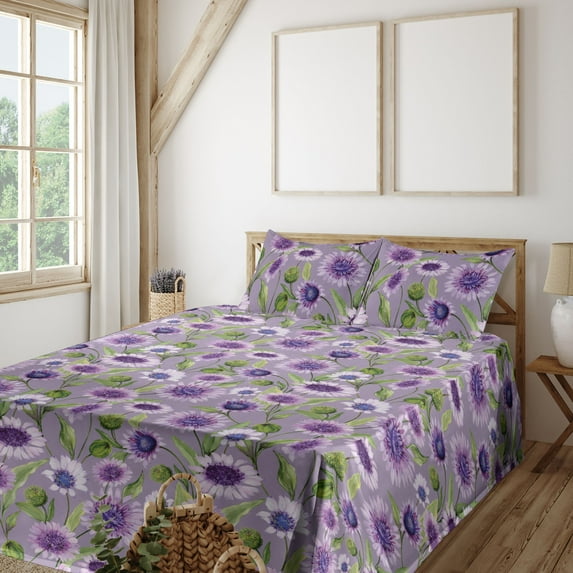 Ambesonne Flowers Fitted & Flat Sheet with Shams 4 Pcs Set, Spring Meadow Chamomile Art, Queen, Mauve Purple and Green
