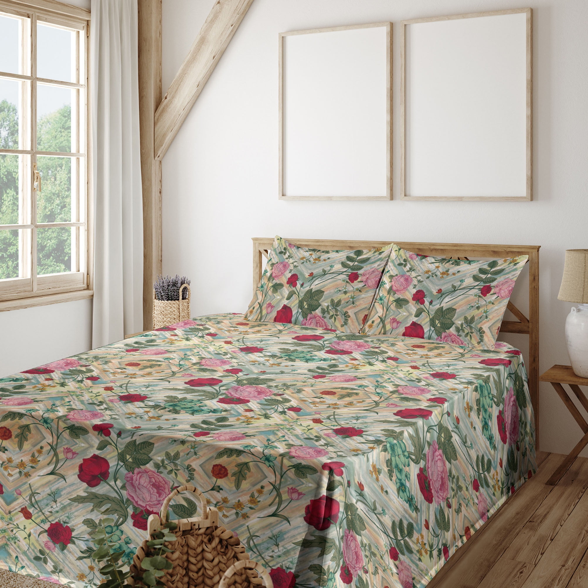 Flowers Sheet Set, Victorian Romantic Meadow of Vintage Floral Blooms