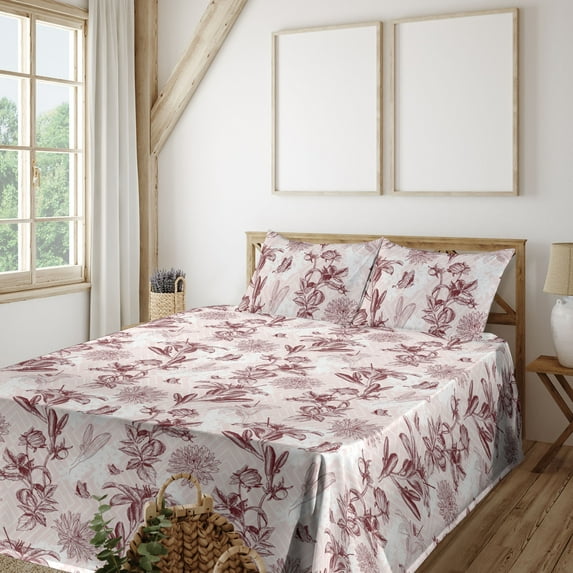 Ambesonne Flowers Fitted & Flat Sheet with Sham 3 Pcs Set, Spring Floral Chevron Art, Twin XL, Chocolate and Pale Pink