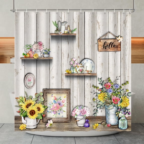 Flowers Shelves Boho Shower Curtain, Farmhouse Colorful Vase Floral Rustic Country Shower Curtains for Bathroom Decor, Washable Polyester Shower Curtain Set with 12 Hooks, 72" x 72"
