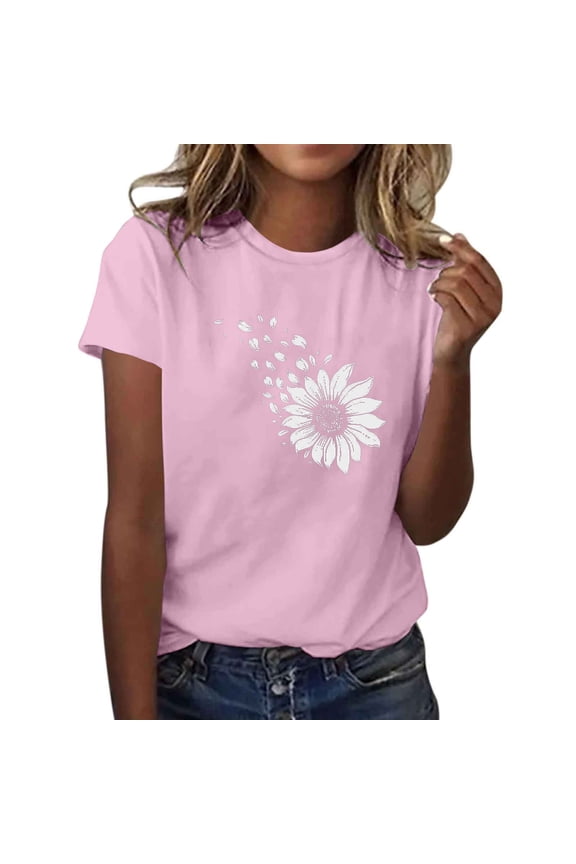 Flowers Shirts Short Sleeve T-Shirts for Women Trendy Lightweight Soft Casual Crewneck Printed Tees Spring Summer Tops Clothes 2025