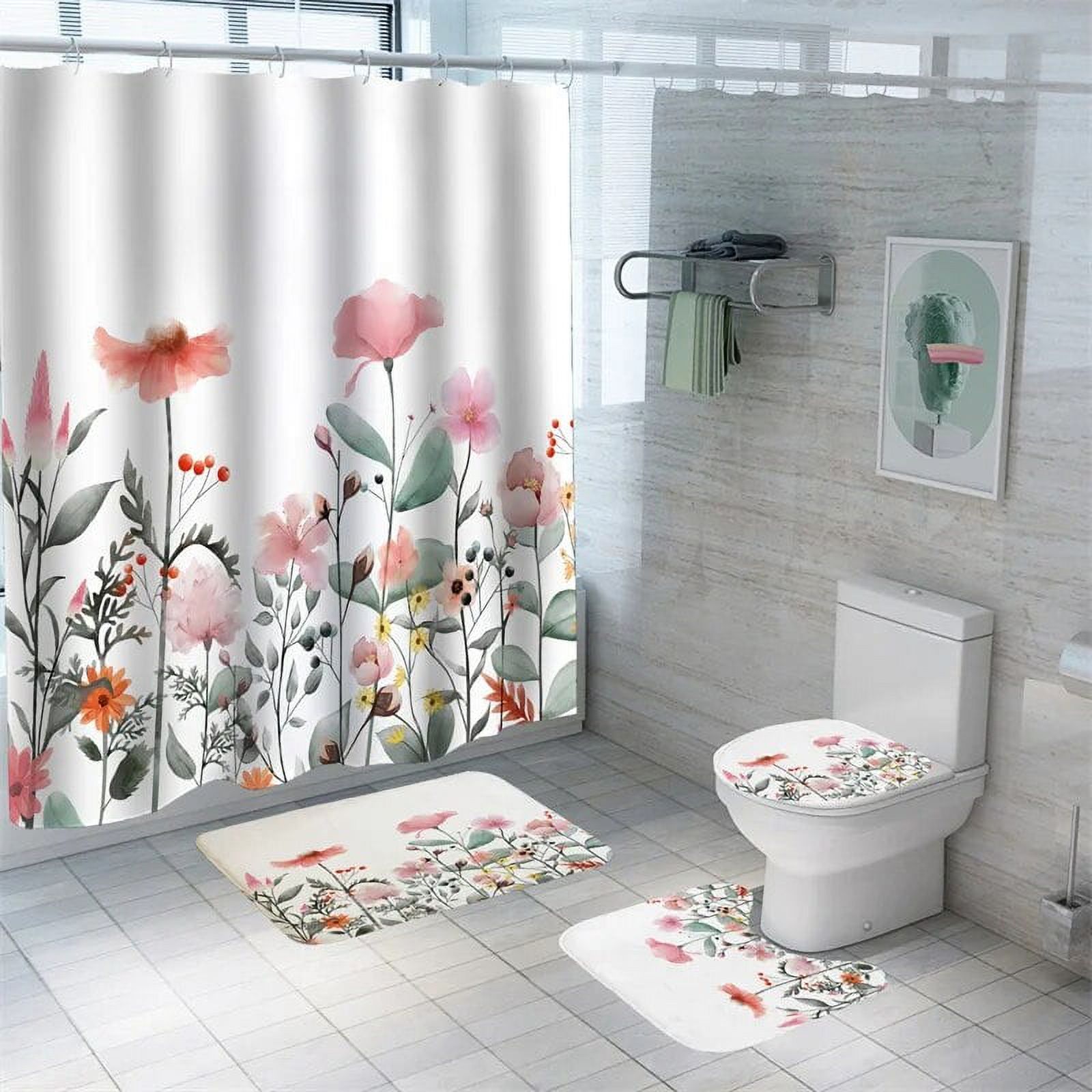 Flowers Shower Curtain 3D Floral Bath Mat Set Leaves Waterproof Toilet