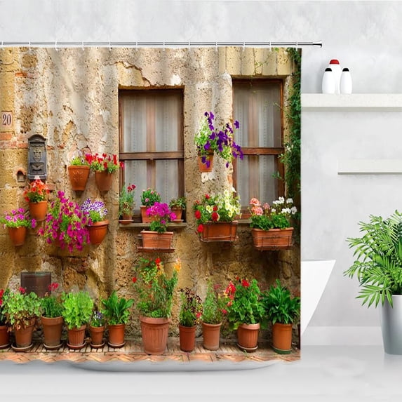 Flowers Shower Curtains Retro Street Wall Fence Nature Floral Plant Garden Scenery Wall Hanging Bathroom Decor Bath Curtain Set