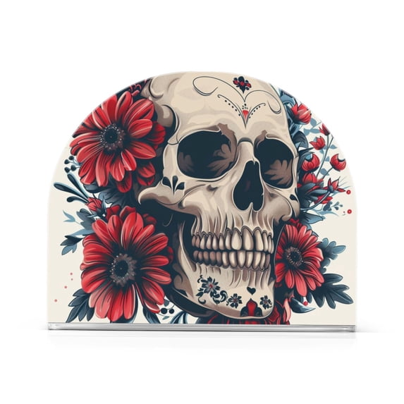 Flowers in Skeleton Face Napkin Holder for Table Clear Napkin Stand Paper Holder Acrylic Organizer Dispenser Napkins for Dinner Kitchen Restaurant Room
