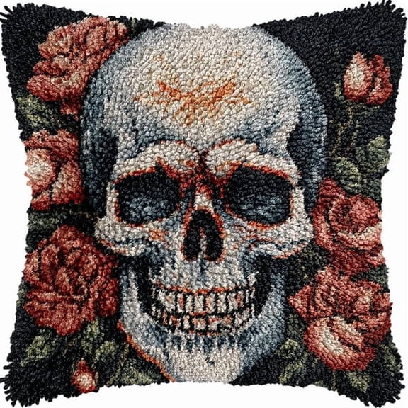 Flowers Skull Skeleton Latch Hook Pillow Kits DIY Pillowcase Crochet Hook Cushion Making Kits with Preprinted Pattern Canvas Instruction Yarns Pillow Cover Easy Starter Kits 43x43cmO98)