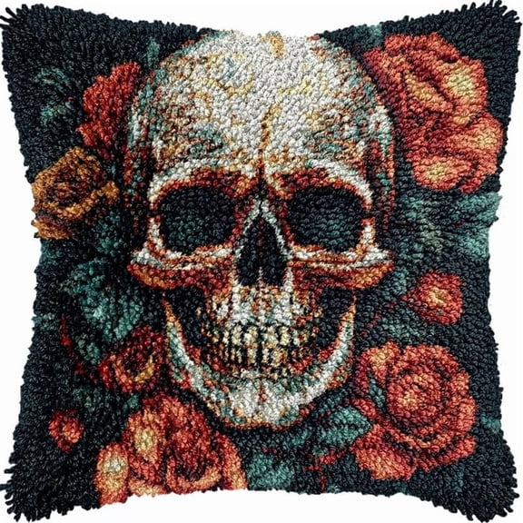 Flowers Skull Skeleton Latch Hook Pillow Kits DIY Pillowcase Crochet Hook Cushion Making Kits with Preprinted Pattern Canvas Instruction Yarns Pillow Cover Easy Starter Kits 43x43cmO97)