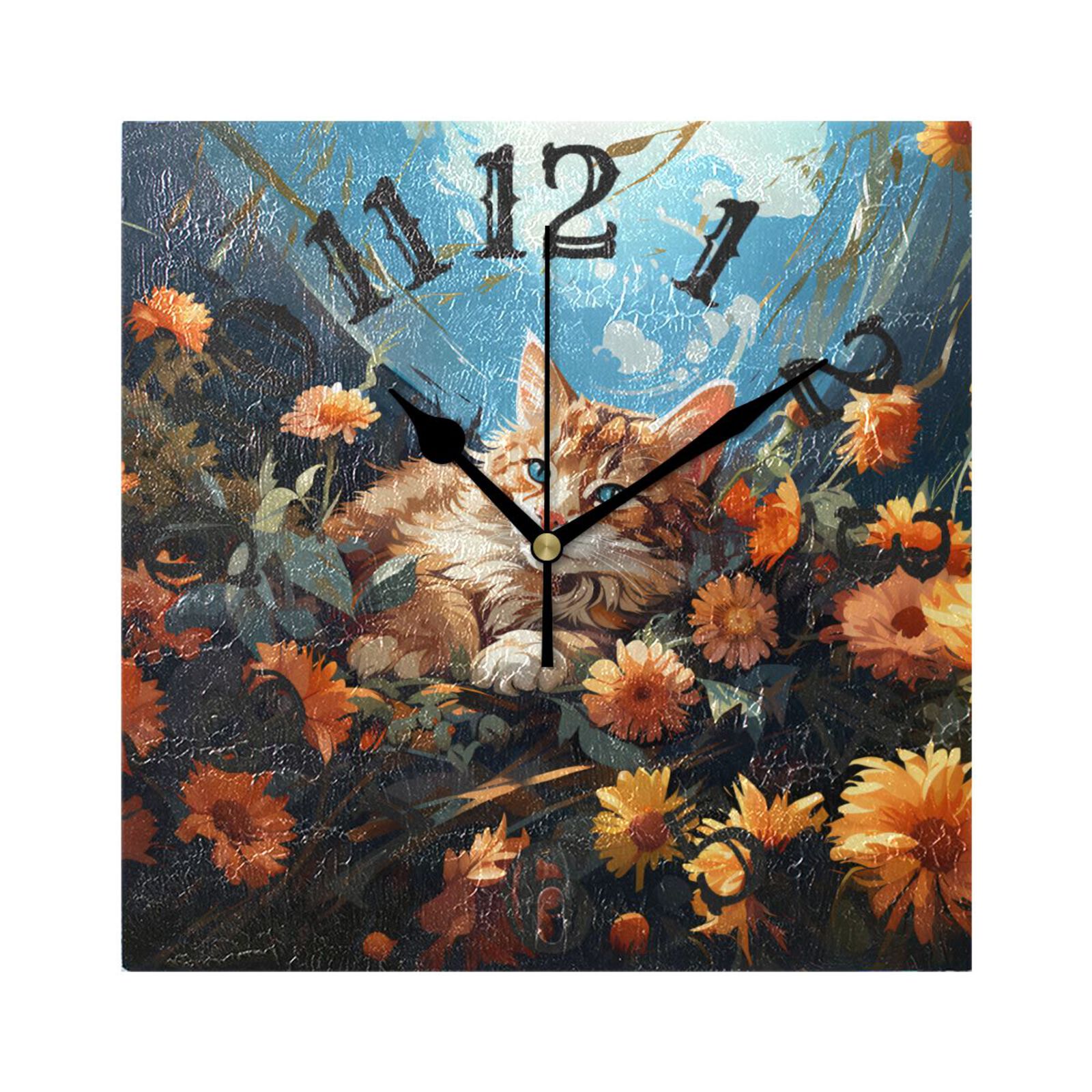 Flowers Sky Cat Wall Clock Square Silent Non Ticking Battery Operated ...