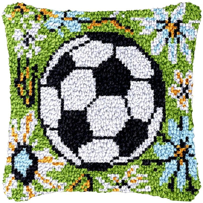Flowers Soccer Latch Hook Pillow Cover Kits for DIY Cushion Cross Stitch Crochet Hooking Latch Hook Pillowcase Rug Kits with Preprinted Canvas Crochet Yarn Kits Needlework Crafts 17'' X 17''