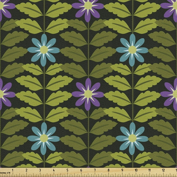 Ambesonne Flowers Fabric by the Yard Upholstery, Blue and Purple Blossoms, 5 Yards, Charcoal Grey and Multicolor
