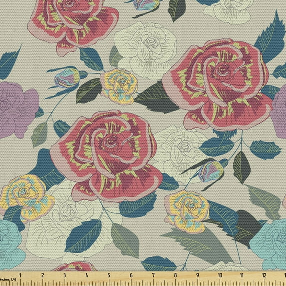 Ambesonne Flowers Fabric by the Yard Upholstery, Floral Colorful Grown Roses, 5 Yards, Pale Taupe Pale Rust