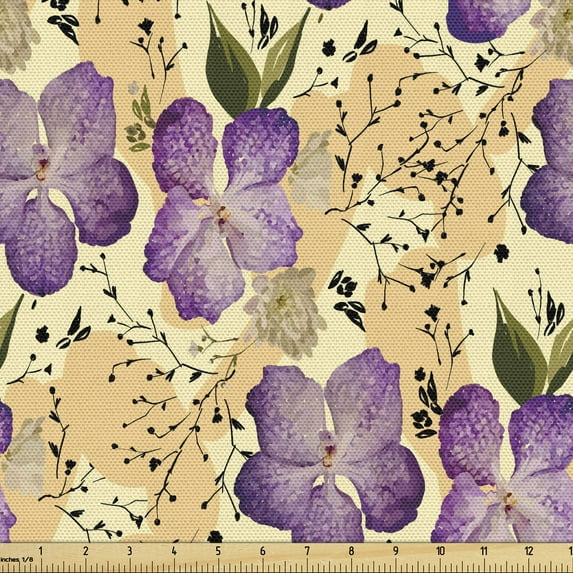Ambesonne Flowers Fabric by the Yard Upholstery, Blooming Orchids Pattern, 10 Yards, Violet Peach