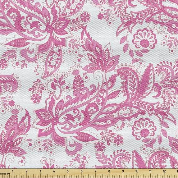 Flowers Sofa Upholstery Fabric by the Yard, Print of Floral Themed Pinkish Paisley Pattern from Abstract Garden Leafy Ornaments, Decorative Fabric for DIY and Home Accents, Pink by Ambesonne