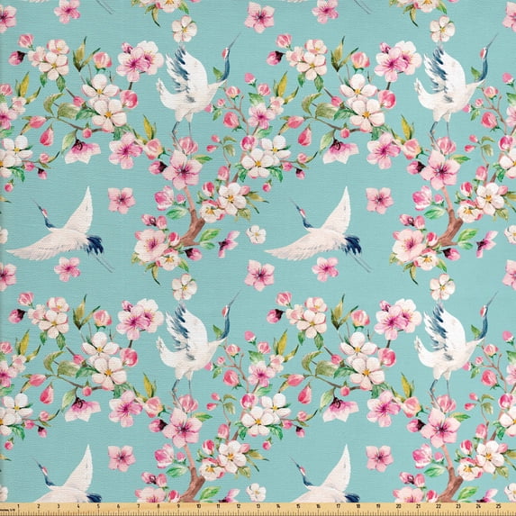 Ambesonne Flowers Fabric by the Yard Upholstery, Watercolor Flying Crane, 10 Yards, Multicolor