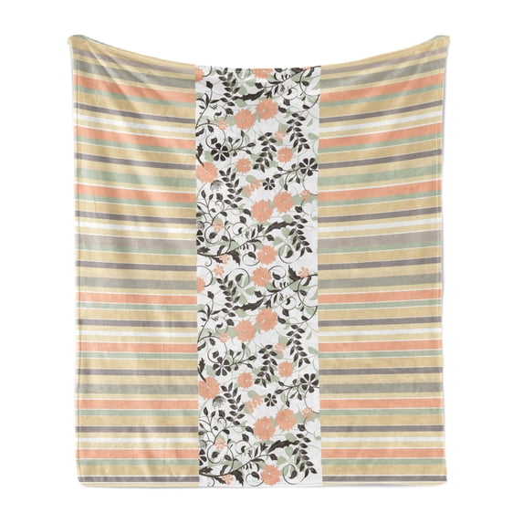 Flowers Soft Flannel Fleece Blanket, Pastel Toned Horziontal Striped and Vintage Floral Ornaments Composition, Cozy Plush for Indoor and Outdoor Use, 50" x 70", Salmon and Multicolor, by Ambesonne