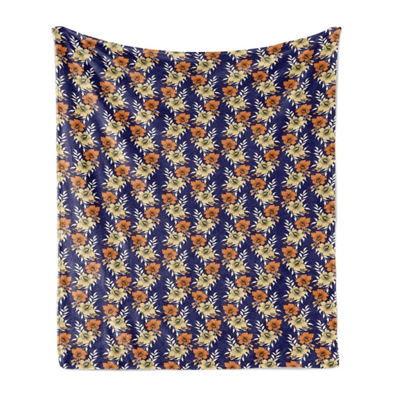Flowers Soft Flannel Fleece Blanket, Vintage Classic Style Bouquets Branch Flourishing Blooms Spring, Cozy Plush for Indoor and Outdoor Use, 70" x 90", Dark Orange Cream and Indigo, by Ambesonne