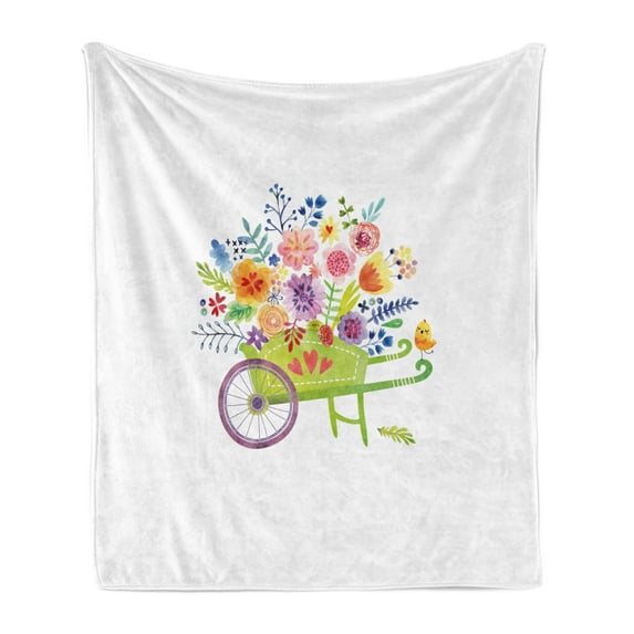Flowers Soft Flannel Fleece Blanket, Wheelbarrow Full of Flowers Botanical Gardening Plants Agriculture Watercolor Art, Cozy Plush for Indoor and Outdoor Use, 50" x 60", Multicolor, by Ambesonne