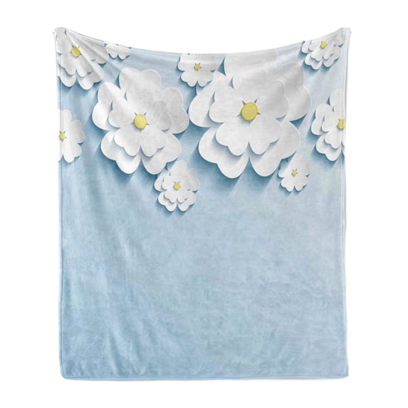 Flowers Soft Flannel Fleece Throw Blanket, Abstract 3D Style Effect Cherry Blossoms Modern Spring Sakura Pattern, Cozy Plush for Indoor and Outdoor Use, 50" x 60", Pale Blue and White, by Ambesonne