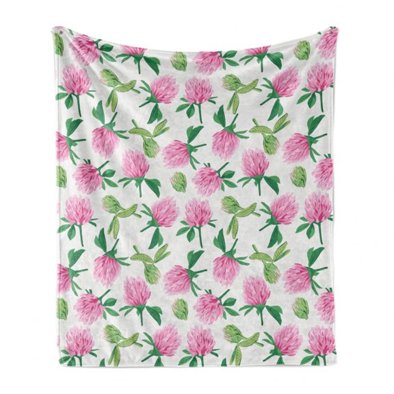 Flowers Soft Flannel Fleece Throw Blanket, Botanical Theme Floral Motifs Clover Blossoms Pattern Spring Art, Cozy Plush for Indoor and Outdoor Use, 70" x 90", Baby Pink and Jade Green, by Ambesonne
