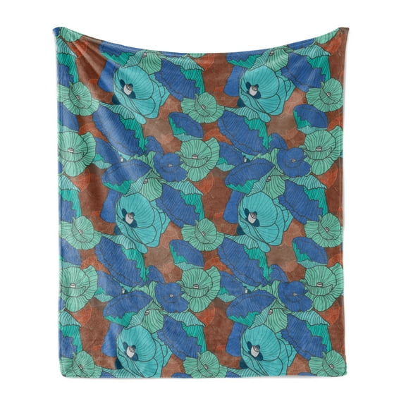 Flowers Soft Flannel Fleece Throw Blanket, Botanical Theme Floral Patterns Along Poppy Motifs Natural Artwork, Cozy Plush for Indoor and Outdoor Use, 50" x 60", Sea Blue and Turquoise, by Ambesonne