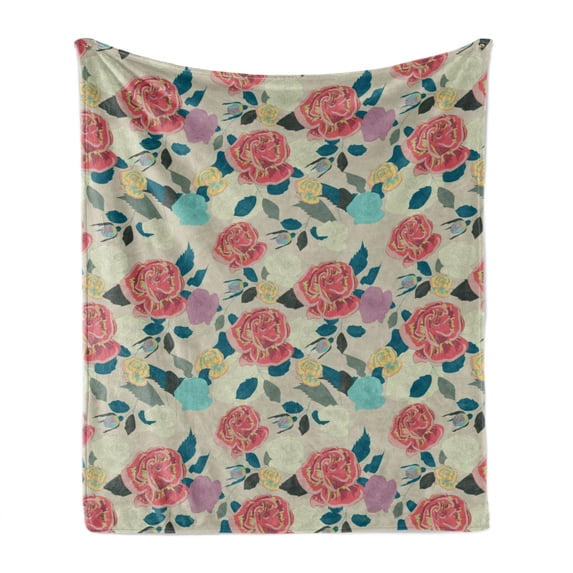 Flowers Soft Flannel Fleece Throw Blanket, Colorful Grown Roses and Leaves Floral Design, Cozy Plush for Indoor and Outdoor Use, 50" x 70", Pale Taupe Pale Rust, by Ambesonne