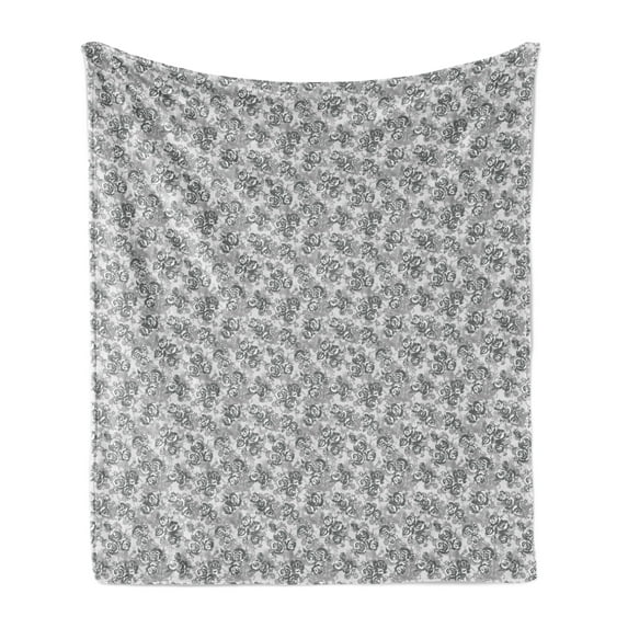 Flowers Soft Flannel Fleece Throw Blanket, Floral Theme Botanical Illustration Along Abstract Roses Ornaments in Greyscale, Cozy Plush for Indoor and Outdoor Use, 70" x 90", Multicolor, by Ambesonne