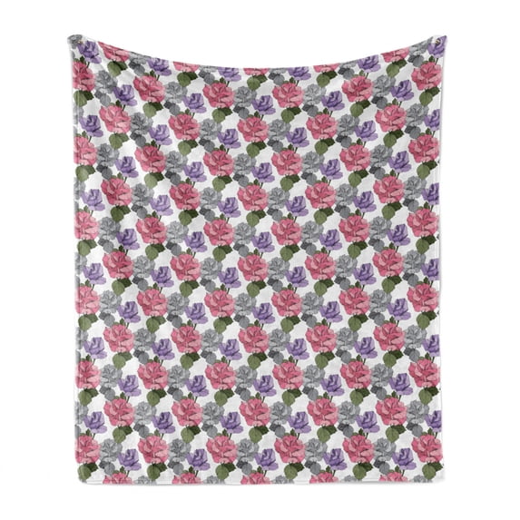 Flowers Soft Flannel Fleece Throw Blanket, Floral Theme Botanical Illustration Pink and Purple Roses Along Green Leaves, Cozy Plush for Indoor and Outdoor Use, 50" x 70", Multicolor, by Ambesonne