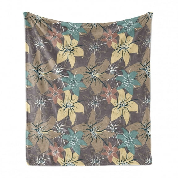 Flowers Soft Flannel Fleece Throw Blanket, Floral Theme Various Blossoms in Autumn Colors Vintage Style, Cozy Plush for Indoor and Outdoor Use, 70" x 90", Pale Teal Beige, by Ambesonne
