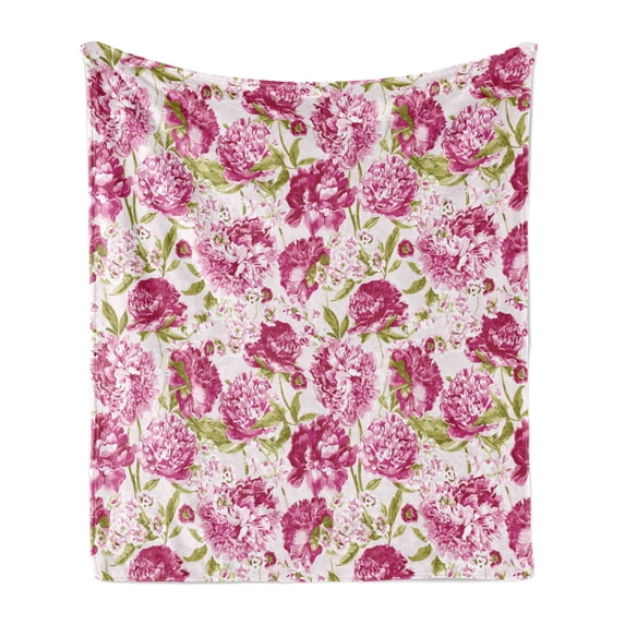Flowers Soft Flannel Fleece Throw Blanket, Floral Theme Vintage Pink Peonies and Leaves Spring Nature Pattern, Cozy Plush for Indoor and Outdoor Use, 60" x 80", Pink White Olive Green, by Ambesonne