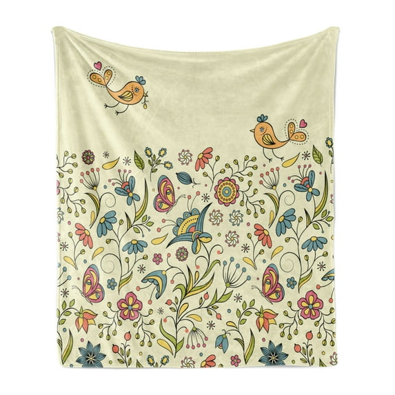 Flowers Soft Flannel Fleece Throw Blanket, Flourishing Spring Meadow Ornate Nature Romantic Birds Butterflies Leaves, Cozy Plush for Indoor and Outdoor Use, 50" x 70", Multicolor, by Ambesonne
