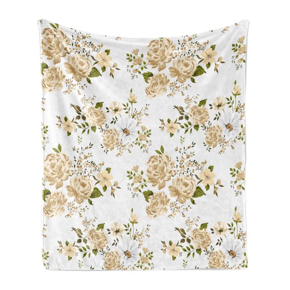Flowers Soft Flannel Fleece Throw Blanket, Gardening Theme Floral Design Vector Illustration of Roses Botany Inspired, Cozy Plush for Indoor and Outdoor Use, 70" x 90", White and Beige, by Ambesonne