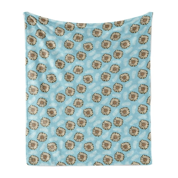 Flowers Soft Flannel Fleece Throw Blanket, Gerbera Transvaal Daisy Flowers Along Plumage Shaped Soft Leaves, Cozy Plush for Indoor and Outdoor Use, 50" x 60", Pale Azure Blue and Sepia, by Ambesonne