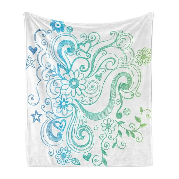 Flowers Soft Flannel Fleece Throw Blanket, Rainbow Colored Ombre Sketch Design with Florals Blossom Ivy Leaves, Cozy Plush for Indoor and Outdoor Use, 50" x 70", Turquoise White, by Ambesonne