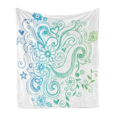 Flowers Soft Flannel Fleece Throw Blanket, Rainbow Colored Ombre Sketch Design with Florals Blossom Ivy Leaves, Cozy Plush for Indoor and Outdoor Use, 60" x 80", Turquoise White, by Ambesonne