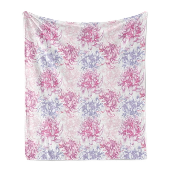 Flowers Soft Flannel Fleece Throw Blanket, Romantic Floral Design Chrysanthemum Blossoms Leaves Abstract Print Artwork, Cozy Plush for Indoor and Outdoor Use, 50" x 70", Pink and White, by Ambesonne