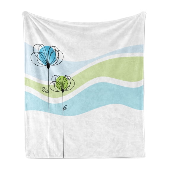 Flowers Soft Flannel Fleece Throw Blanket, Summer Flowers with Colors and Wave Backgorund Life Season, Cozy Plush for Indoor and Outdoor Use, 50" x 60", Apple Green Aqua, by Ambesonne