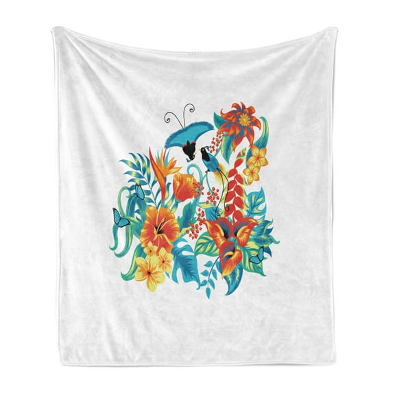 Flowers Soft Flannel Fleece Throw Blanket, Tropical Exotic Jungle Foliage Birds Hawaiian Island Floral Retro, Cozy Plush for Indoor and Outdoor Use, 60" x 80", Blue Turquoise Orange, by Ambesonne