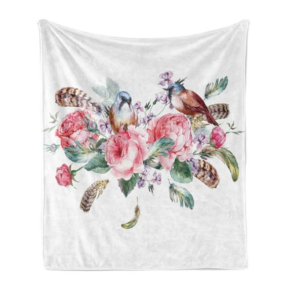 Flowers Soft Flannel Fleece Throw Blanket, Watercolor Style Effect Vintage Design with Roses Birds and Feathers, Cozy Plush for Indoor and Outdoor Use, 50" x 70", Coral and Reseda Green, by Ambesonne