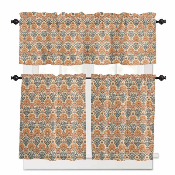 Flowers Southwest Ethnic Group Kitchen Curtains Valance and Tier Set Country Retro Style Rod Pocket Short Curtains for Small Window 3 Pieces Set for Bedroom Bathroom Cafe (54" x 18"+27" x 24")