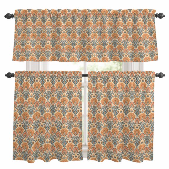 Flowers Southwest Ethnic Group Kitchen Curtains Valances and Tiers Set of 3 Country Retro Style Tier Curtains and Valance with Rod Pocket for Small Windows, 27.5"x24"
