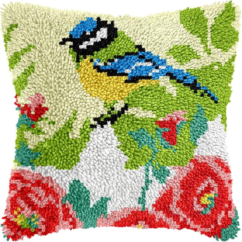 Flowers Sparrow Latch Hook Pillows Kits Cushion Pillow Cover with Pattern Printed Canvas Sofa Hooking Pillowcase Crafts Embroidery Latch Hooking Crochet Kits Set 17x17 inch(1)