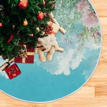 Flowers Spring Christmas Tree Skirt 48 Inch Winter Xmas Tree Mat for Home Party Holiday Decorations