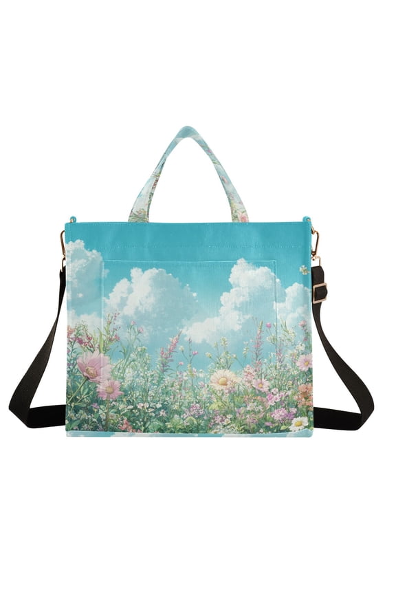 Flowers Spring Corduroy Tote Bag Handbag Large Messenger Bag Shoulder Crossbody Zipper Bag Purse